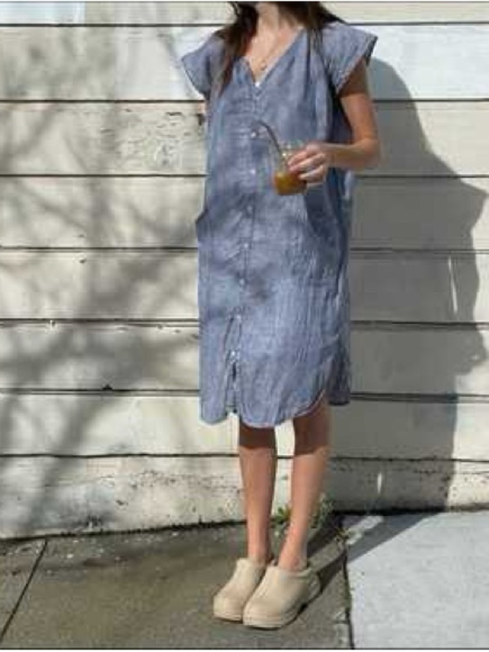 CP Shades Blue Linen Button Up Flutter Sleeve Dress— Womens Small